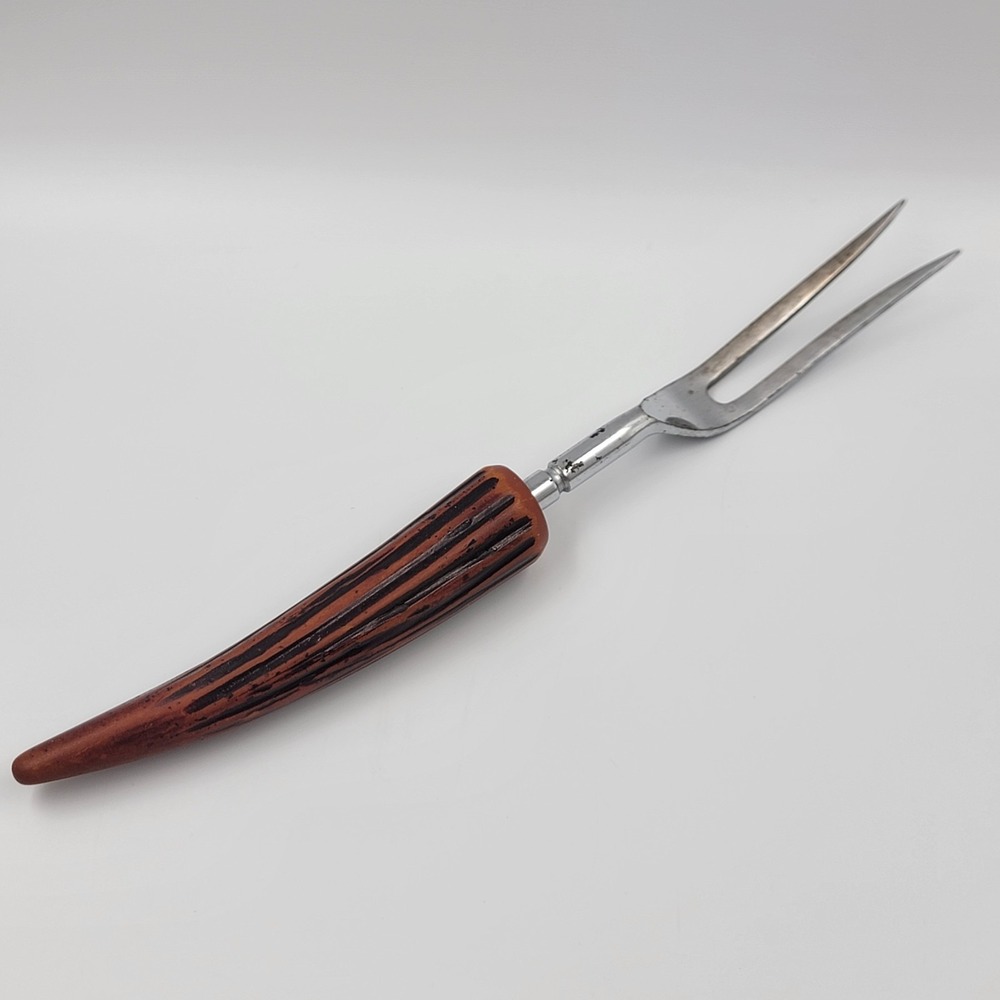 Vintage Japan Faux Horn Carving Fork Mid Century MCM Serving Utensil Rustic